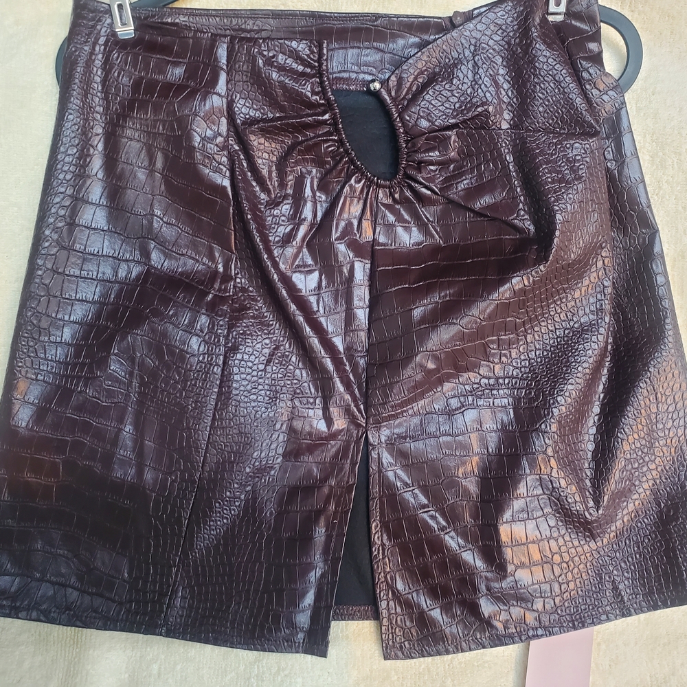 Brown Faux Leather Croc Skirt